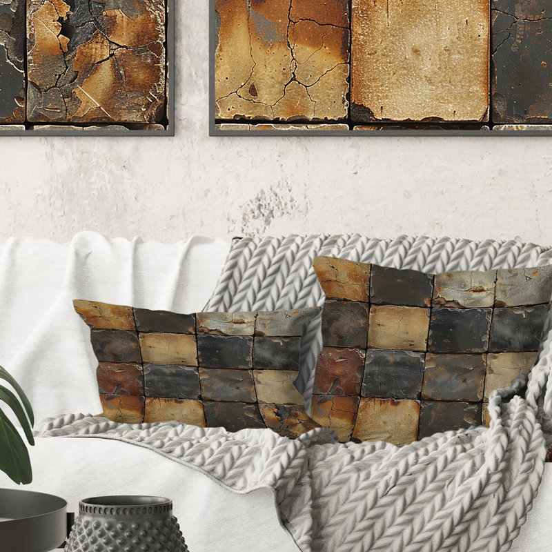 Carreaux d'inspiration rétro brun-gris - Coussin décoratif à carreaux, H 16 po x l 16 po