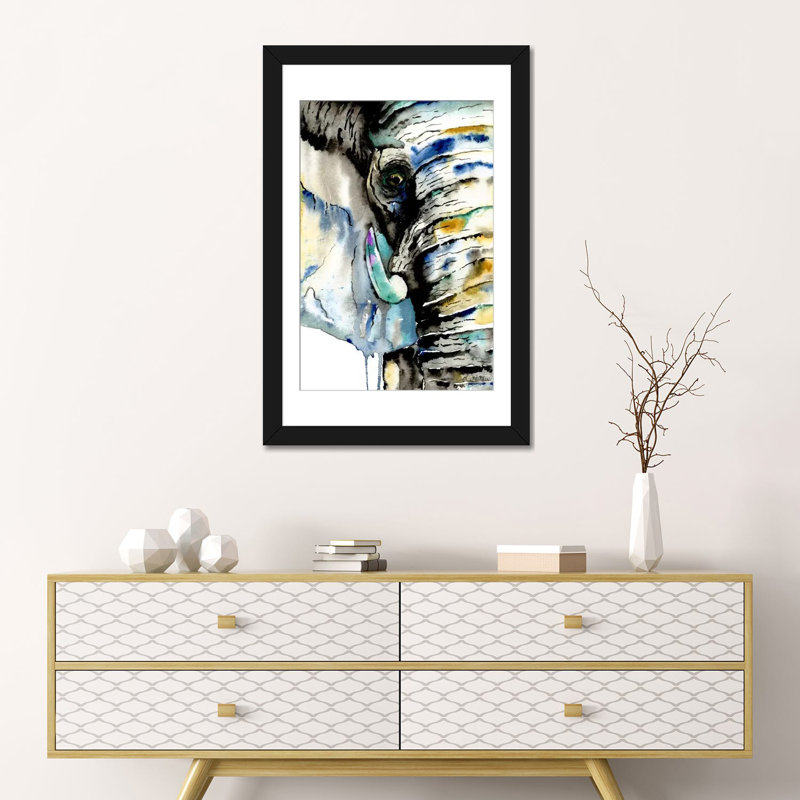 «Elephant» par Lisa Whitehouse, impression sur toile, H 24 po x l 16 po x P 1 po, Papier avec cadre noir, Blanc