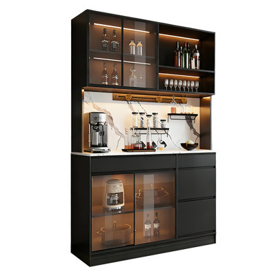 47.24" Modern Black Solid Wood Sideboard With Ambient LED, Glass Doors & Dual Storage