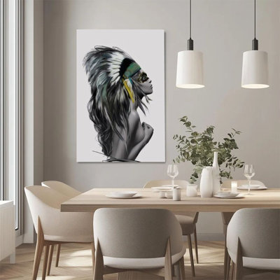 1Pc Framed Canvas Poster Print Indigenous Women, Feather Headdress, Abstract Expressionism Wall Art Wall Pediments, Wall Decor, Perfect for Room Decor