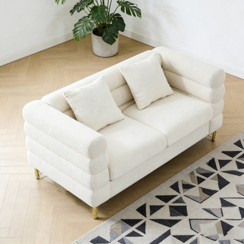 Canapé modulaire 60 pouces 2 places, canapé modulaire en tissu Comfort Teddy, assise douce avec 2 coussins pour le salon, la chambre à coucher, le bureau, blanc