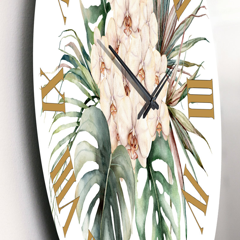 Bouquet avec orchidées Monstera et feuilles de noix de coco - Horloge murale traditionnelle, Petit