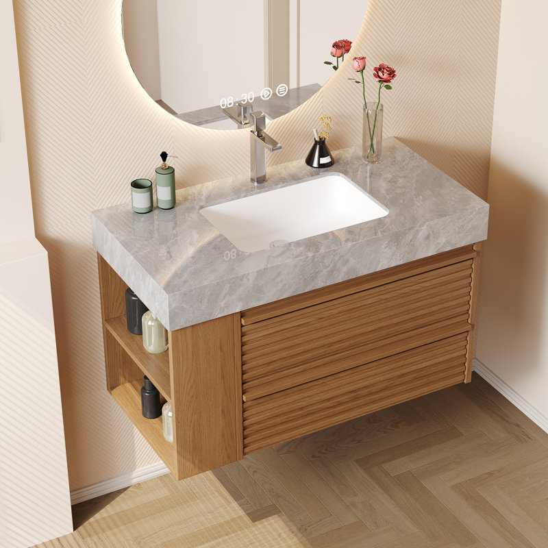 Modern 36" Bathroom Vanities, Sintered Stone Tabletop, 2 Drawers, Pre-Assembled, Brown Wood