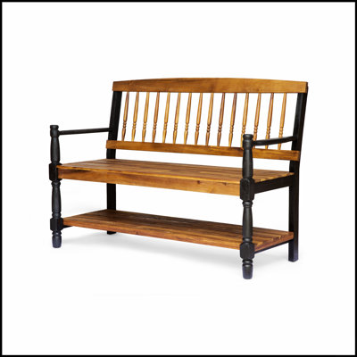 Banc Timeless Farmhouse avec tablette intégrée pour le rangement et finition élégante en teck, parfait pour les entrées et les salles à manger