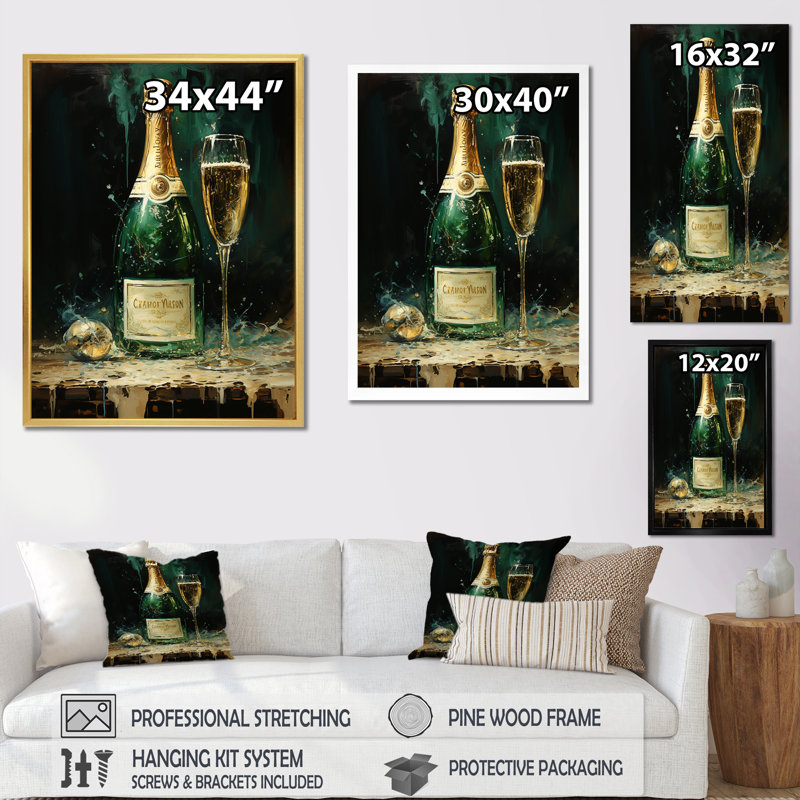 «Gold and Emerald Champagne Dream I» - Impression sur toile champagne, H 40 po x l 30 po x P 1,5 po, Cadre simple noir