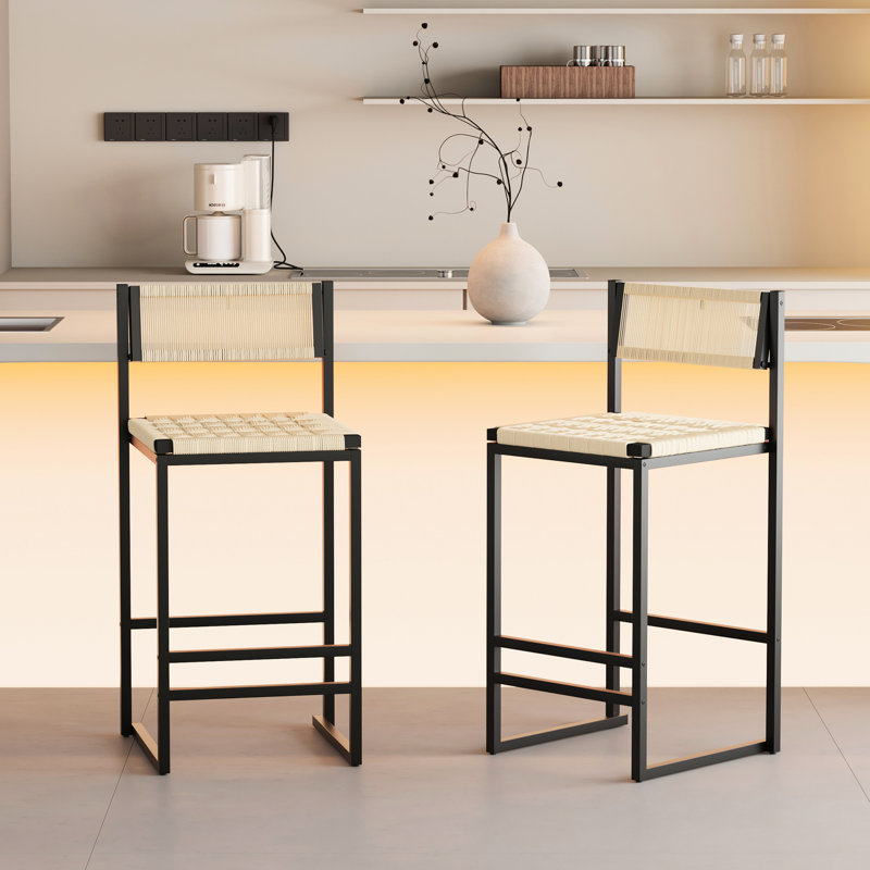 2 tabourets de bar tissés, structure en métal, siège en corde de papier naturel, polyvalent pour chaque emplacement, L 14,78 po x l 14,88 po H 34,68 po
