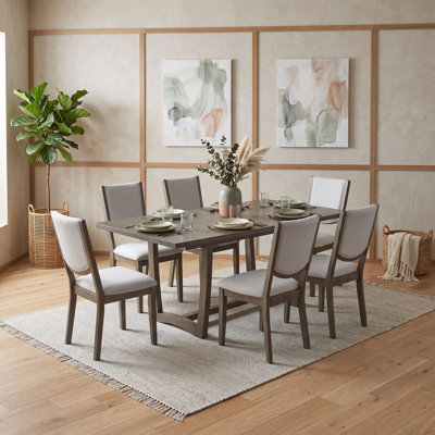 7-Piece Extendable Dining Table Set with Removable Leaf, 6 Upholstered Chairs for Dining Room