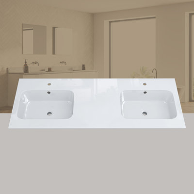 Comptoir de meuble-lavabo double 60 po à surface solide, comptoir mince de 0,56 po d'épaisseur, blanc moderne, léger et facile à installer