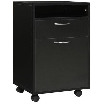 Contenant de rangement mobile noir avec tiroir et armoire, support d'imprimante. Vaste espace, se déplace librement, se range sous le bureau, une armoire de bureau robuste en volume, en douceur, un espace de bureau,