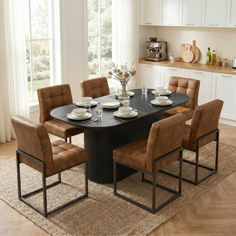 Coffee Faux Leather Dining Chairs Set of 4, Mid-Century Modern Dining Room Chairs with Armless, Checkered Kitchen Chair with Metal Legs