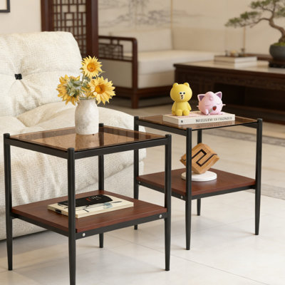End Table Set of 2, Tempered Glass Top with Wood Storage Shelf, Modern Square Side Tables for Living Room & Bedroom