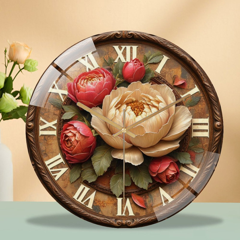 Horloge murale ornée de pivoines sculptées - Horloge murale moderne en verre 12 po