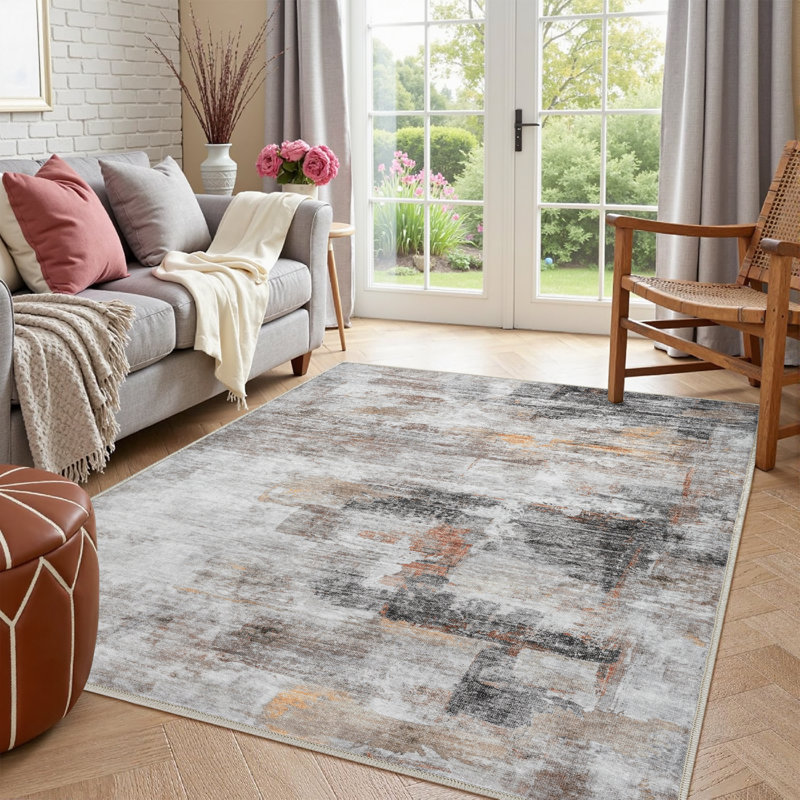 Tapis abstrait lavable à la machine avec envers antidérapant Amott, Gris / rouge, 0.28", Rectangle 6 pi x 9 pi