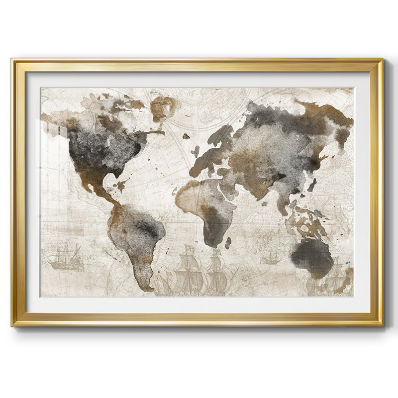 Carte antique encadrée sur papier, H 30 po x l 44 po x P 1,5 po, Or