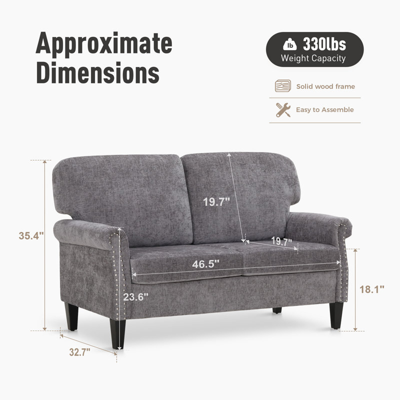 Dooly Rolled Arms Loveseat Sofa, Gray
