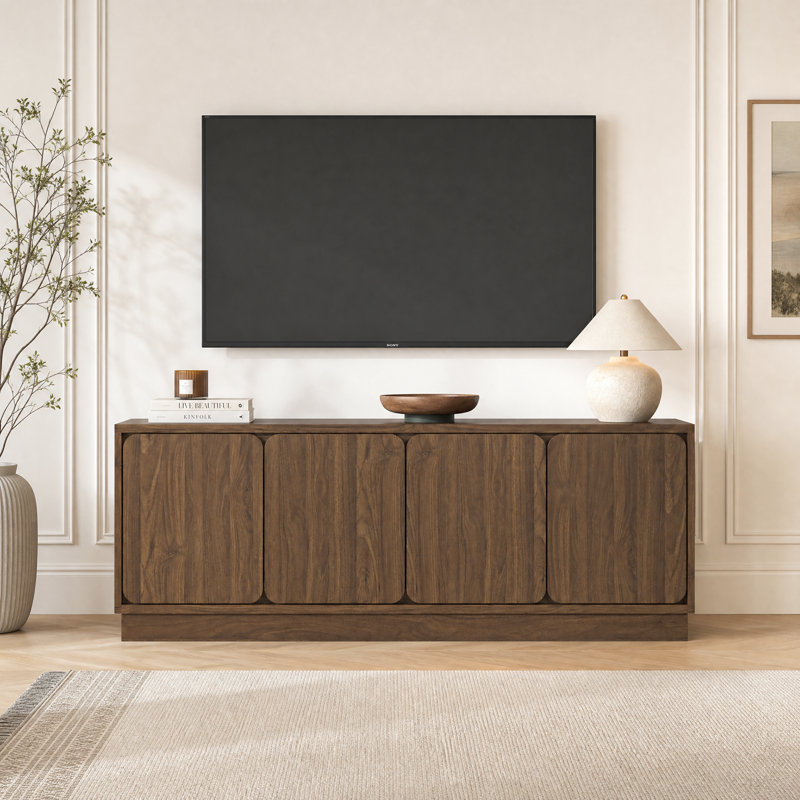 Meuble télé moderne en noyer de 63 po - Grande console multimédia avec 4 portes de rangement et gestion des câbles