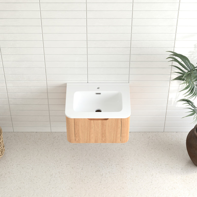Meuble-lavabo flottant mural en céramique blanc 24 po, pré-assemblé, noyer naturel, bords arrondis, rangement intelligent pour tiroir de salle de bain