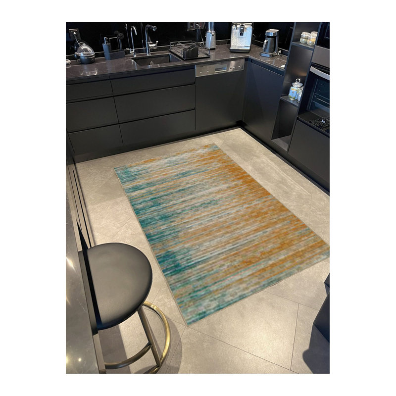 Tapis décoratif à rayures bleu moderne lavable à la machine, Sous-tapis carré 3 pi 3 po inclus