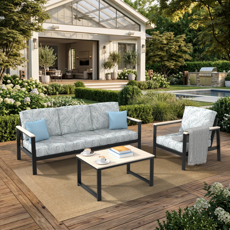 Ensemble de conversation 3 pièces avec coussins Sunbrella® Ulrica, White/Grey Floral, 3 Pcs: Table, Sofa, Chair