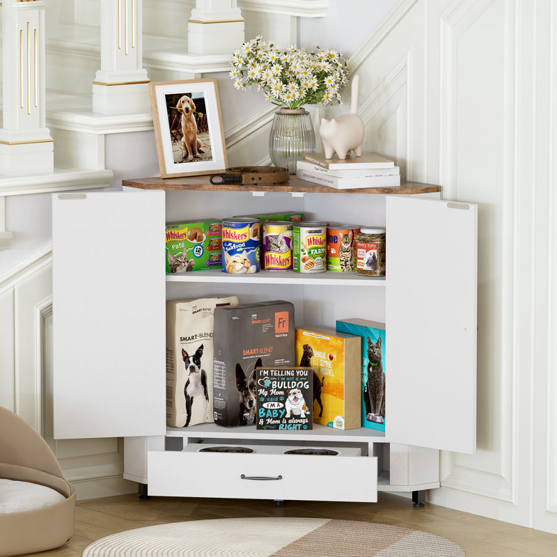 Dog Feeding Station With 2 Bowls - Corner Storage Cabinet For Medium/small Dogs With Food Storage, 4 Hooks, Innovative Hidden Drawer, And Adjustable Panel