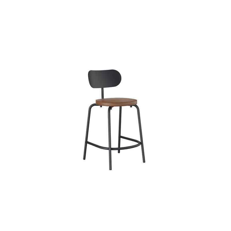 Tabouret de comptoir Khylia - noir graphite avec cuir écologique graphite, Siège brun clair / base noire