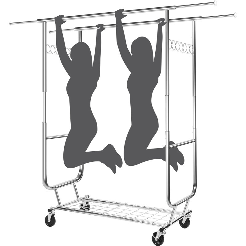 Heavy Duty Silver Metal Rolling Clothes Rack with Shelves