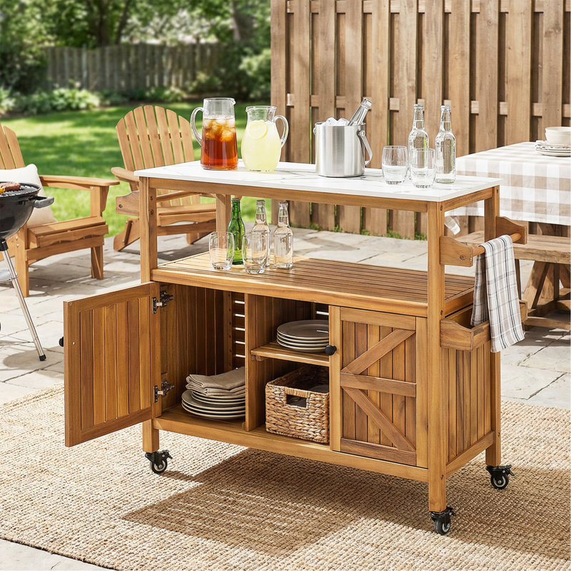 Chariot-bar d'extérieur en bois d'acacia pour patio, H 36,22 po x l 48 po x P 16 po