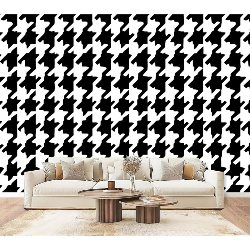 Papier peint adhésif à motif géométrique noir et blanc pied de poule H 69 po x l 96 po amovible, papier peint adhésif mural pour bureau de chambre à coucher, bureau à domicile