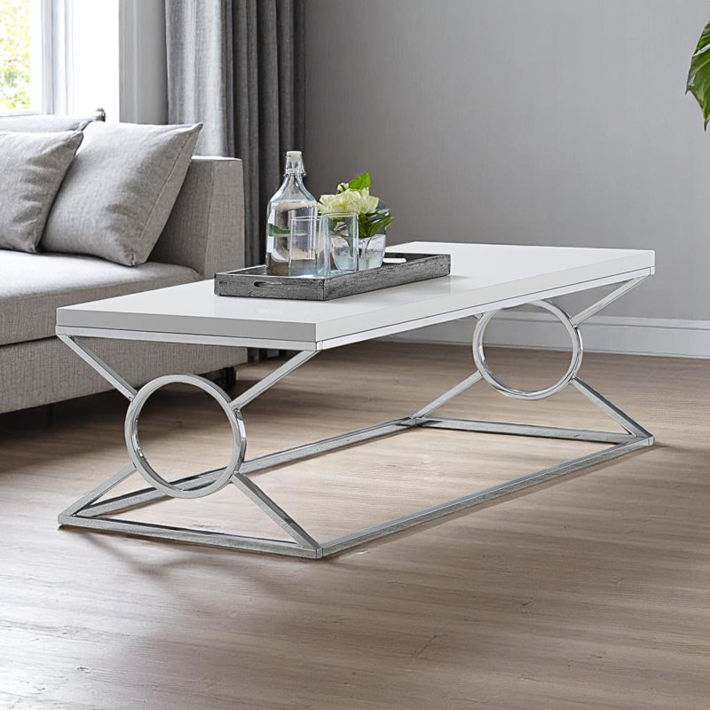 Ajani Glossy White Chrome Metal X-Leg Accent Coffee Table, 18.23" H X 43.75" W X 21.89" D