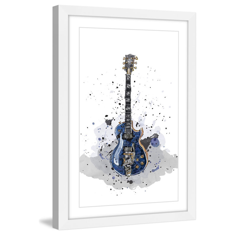 « guitare bleue sans texte » par marie réveillon pharand, reproduction d’art encadrée, H 18 po x l 12 po x P 1,5 po