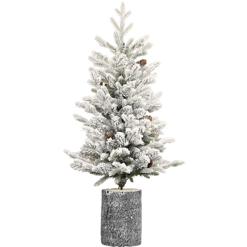 Arbre de Noël floqué avec lumières DEL blanc chaud, pommes de pin et base de pot, 4.5'
