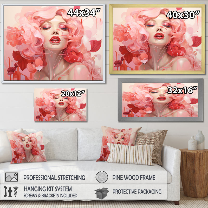 «Pink Pastel Cubism Tones Woman Portrait I - Fashion», art mural, Cadre d'angle fermé noir, H 12 po x l 20 po x P 1 po
