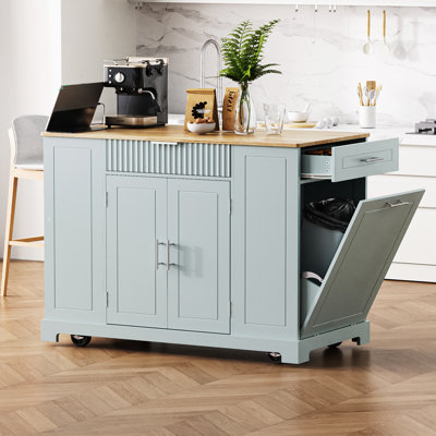  Îlot de cuisine avec poubelle inclinable et prise de courant, armoire de rangement cannelée sur roulettes, gris + bleu
