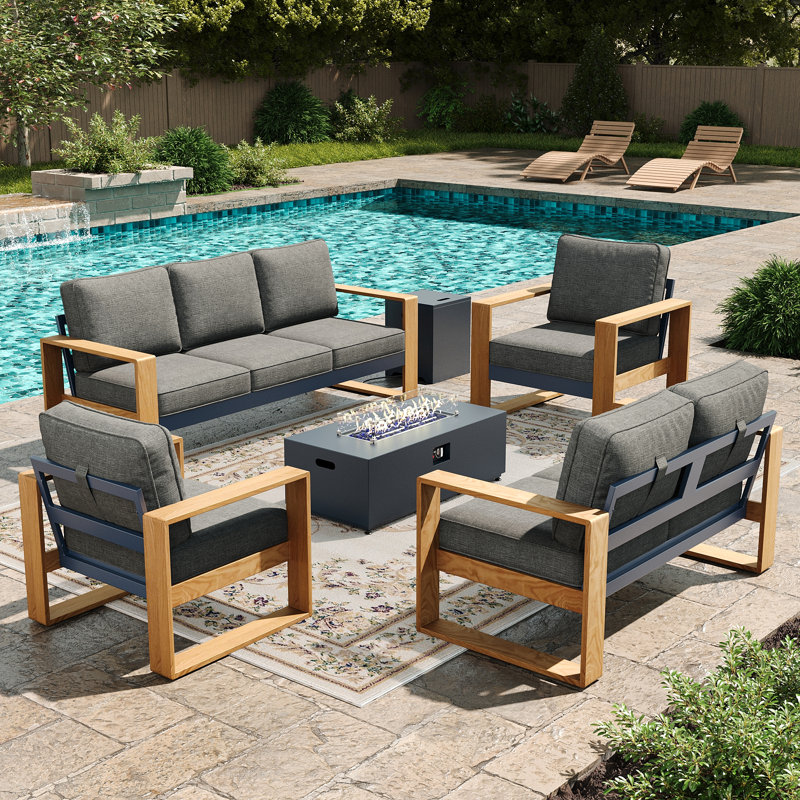  5 Pieces Aluminum Patio Furniture Set With Fire Pit Table, Oversized Seat With Hight Back Outdoor Conversation Sets