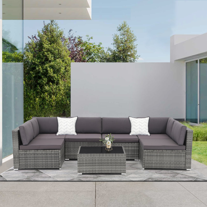 Ensemble de conversation modulaire en rotin 7 pièces avec coussins Algarin, Coussin gris foncé / structure grise