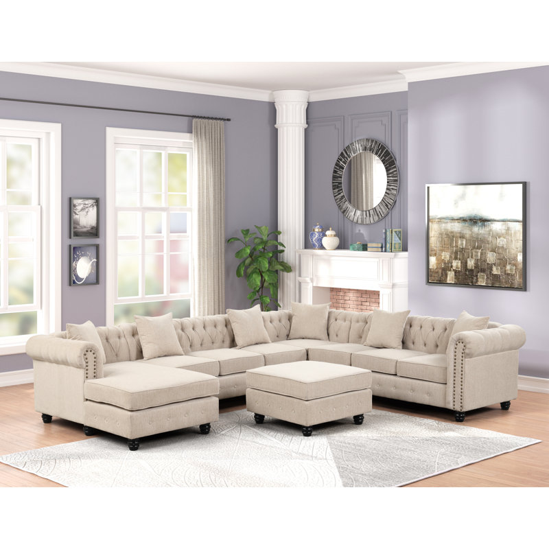 Canapé modulaire rembourré 5 pièces Wespi, Mélange de lin beige