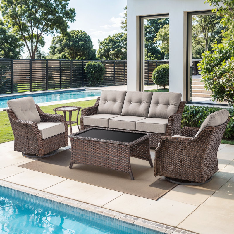 Craftedcane 5-Person Outdoor  PE Wicker Patio Conversation Set With 6" Thickness Cushions, Beige