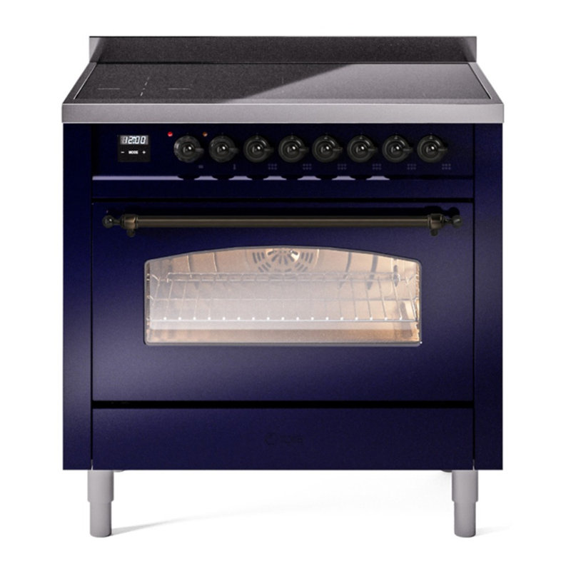 Cuisinière à induction 36 pouces avec 6 éléments à induction ILVE Nostalgie II Series (porte en verre), Bleu minuit / bronze