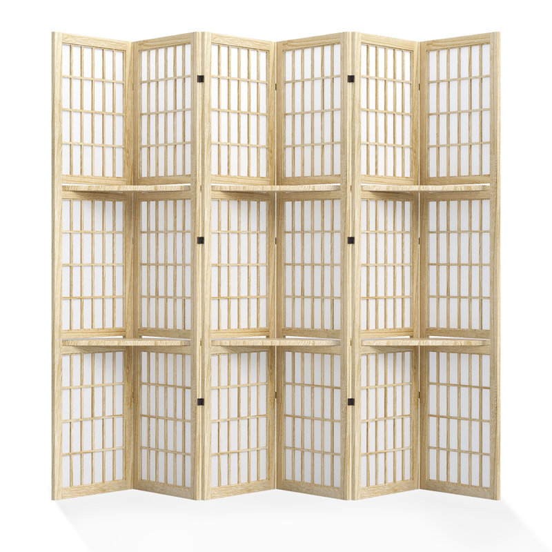 6-Panel Japanese Style Room Divider With Shelves, Wood Color, 6, Wood