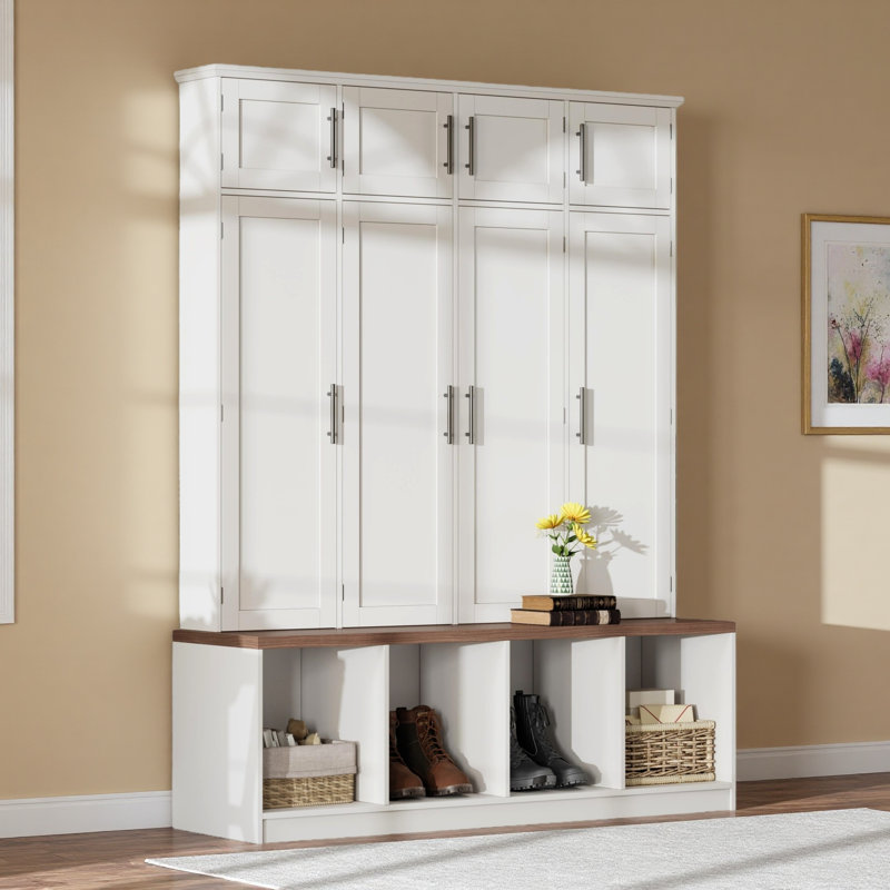 Farmhouse Hall Tree With 4 Hidden Hanging Hooks, Versatile Walnut Seating Bench With 8 Doors, Entryway Shoe Cabinet With Open Compartment For Living Room