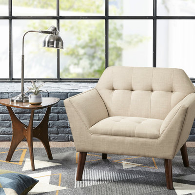 Fauteuil, bouton et siège de style Mid-Century moderne, pieds en bois massif de couleur pacane, beige, l 37 po x P 29,5 po H 31,5 po