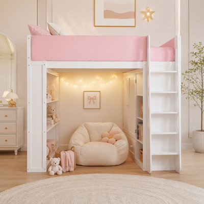Lit mezzanine en bois massif avec barrières de sécurité rembourrées, armoire intégrée, tiroirs, étagères et éclairage DEL