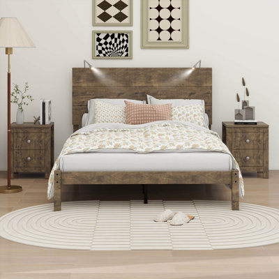 Ensemble de chambre à coucher 3 pièces, lit plateforme avec deux lumières de chevet, table de chevet 2 tiroirs