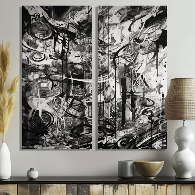 Graffiti noir et blanc cosmique II - grandes impressions géométriques sur toile 2 pièces