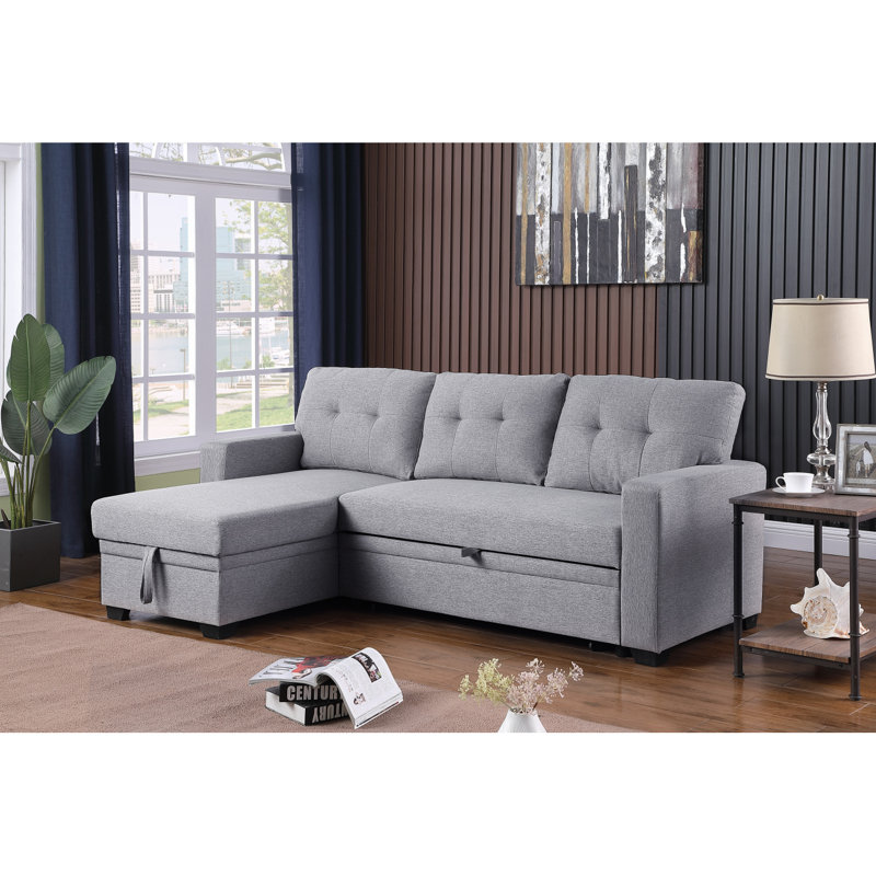 Upholstered Pull Out Sectional Sofa With Chaise, Light Gray