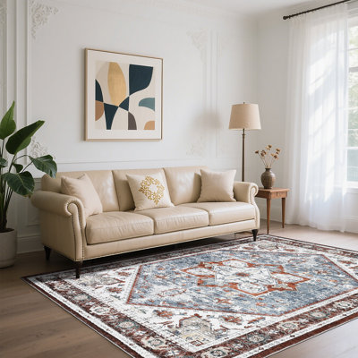 Red Washable Vintage Floral Low-Pile Area Rug, Non-Slip, Soft 350 GSM Polyester Surface with Ultra-Thin Profile and TPR Backing