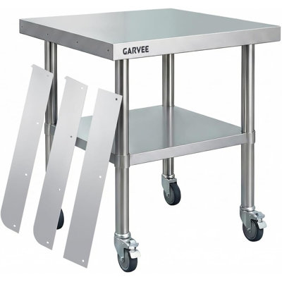 Table de travail en acier inoxydable avec roulettes, table de préparation des aliments commerciale avec dosseret détachable à 3 côtés et tablette inférieure à hauteur réglable, établi pour garage de restaurant