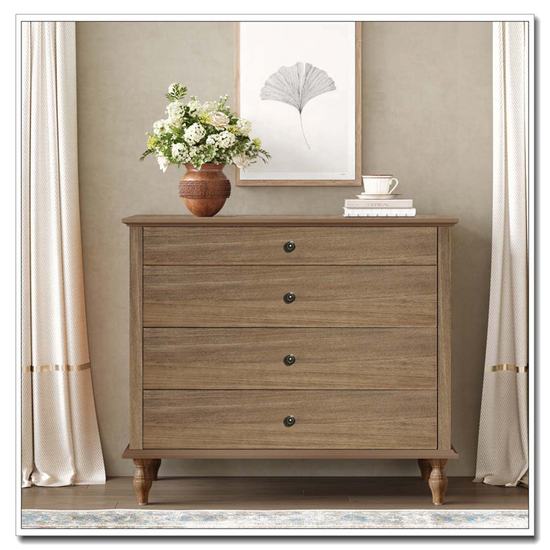 Grande commode à 4 tiroirs avec pied en bois massif, Brun rustique