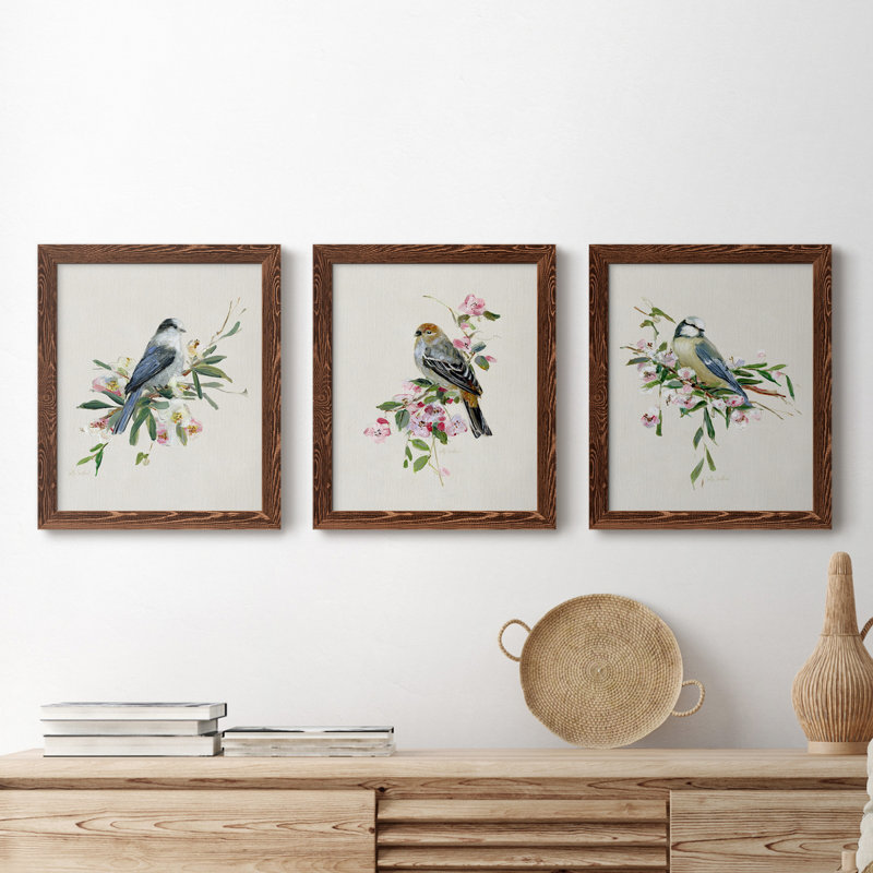 «Spring Song Blue Bird», ensemble de 3 impressions sur toile encadrées, Érable, H 43,5 po x l 31,5 po x P 1 po