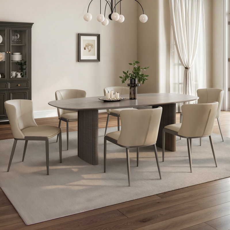 Modern 86" Gray Oval Dining Table Set With 6 Beige Fabric Side Chairs